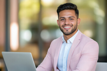 Wall Mural - Businessman smiling while working on laptop