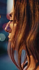 Poster - A dramatic, shallow-depth-of-field shot where her hair is in crisp focus, the cityscape blending into soft dots of light as she contemplates in the foreground.