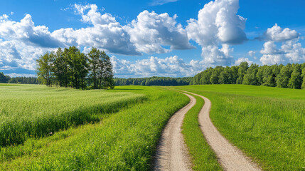 Wall Mural - A winding dirt path through lush green fields under a bright blue sky with fluffy clouds.