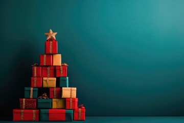 Poster - Christmas presents stacked in a shape of a Christmas tree, creative Xmas background