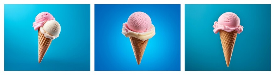 Poster - Triple scoop ice cream cones against a vibrant blue backdrop.  A delightful summer treat.