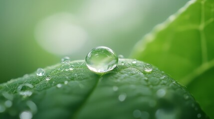 Wall Mural - Magnified water droplet on a lush green leaf, closeup of nature's purity closeup,