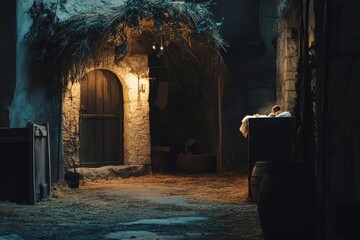Poster - Classic stable setting symbolizing a festive nativity story in Bethlehem