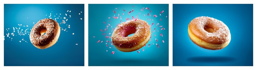 Aufkleber - Three donuts in mid-air against a blue backdrop,  sprinkles floating around them.  One is glazed, one is chocolate, and the other is jelly-filled.