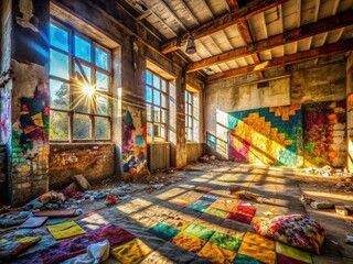 Wall Mural - Abandoned Building Interior with Colorful Quilt-like Graffiti, Urban Exploration Photography