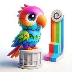 Cute cartoon parrot, vibrant rainbow colors, 3D render, smooth plastic texture, kawaii style, gradient feathers, big eyes, orange beak, perched on white pedestal, colorful geometric shapes, pastel bac