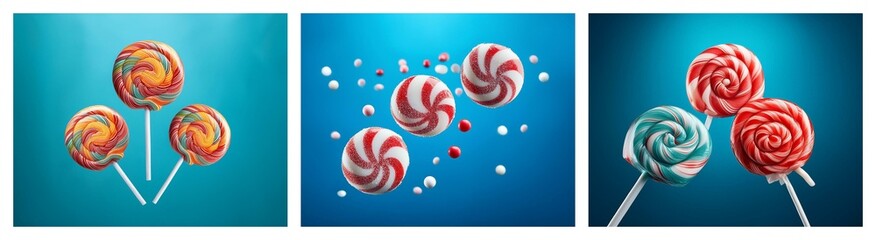 Poster - Three vibrant images showcase colorful lollipops against a blue backdrop.  Swirled designs and various colors create a sweet, playful mood.