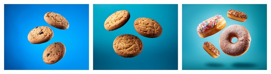 Aufkleber - Three images show assorted baked goods, cookies and donuts, seemingly floating against a vibrant blue backdrop.  The sweet treats are captured in mid-air, creating a dynamic and appetizing visual.