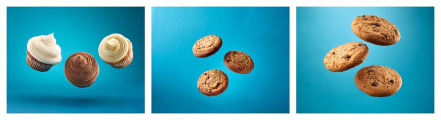 Poster - Image shows cupcakes and cookies in midair against a vibrant blue backdrop.  Sweet treats, floating, delicious, dessert.