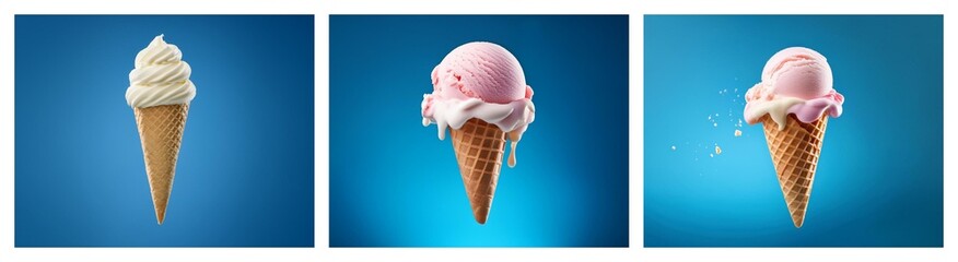 Poster - Three ice cream cones against a blue backdrop.  One is soft-serve, another is melting, and the last one is melting and scattering sprinkles.