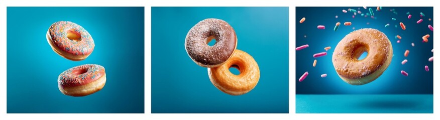 Aufkleber - Three images showcase delicious donuts in mid-air against a vibrant blue backdrop. One features two glazed donuts, another shows a chocolate and a glazed donut, and the last depicts a sprinkled donut 