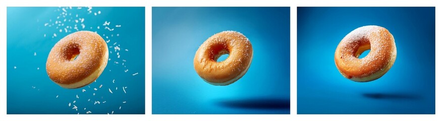 Aufkleber - Three levitating donuts against a blue backdrop. One donut shows sugar sprinkles falling.  A delicious bakery treat captured in motion.