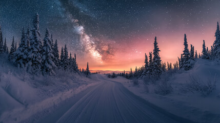 Wall Mural - a road leading towards a colorful sunrise, flanked by snow-covered trees and the milky way above.