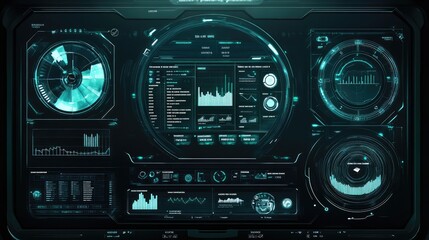 Poster - Abstract futuristic background with a digital marketing analytics dashboard in holographic style, featuring SEO metrics, PPC data, and engagement rates.