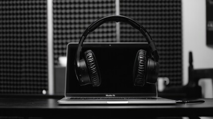 Poster - An empty office desk with a laptop and headphones, ready for a virtual conference call, with room for copy about online communication.