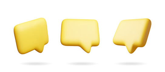 Fototapete - 3D yellow blank speech bubble set isolated. Render collection of chat balloon pin. Notification shape mockup. Communication, web, social network media, app button. Realistic vector illustration