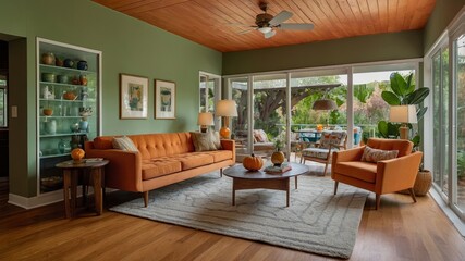 Poster - cozy living room with orange furniture and large windows overlooking a green outdoor space