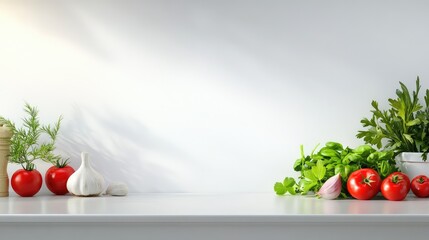 Poster - A bright and clean kitchen counter with fresh ingredients like tomatoes, garlic, and green herbs, perfect for cooking initiation, offering space for text.
