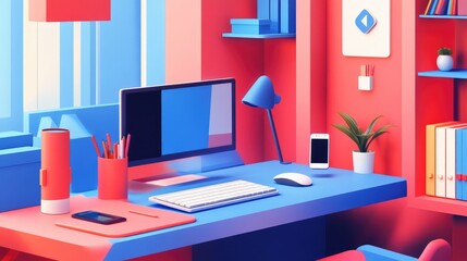 Poster - A digital workspace with a laptop, smartphone, and wireless keyboard, leaving room for digital marketing branding.