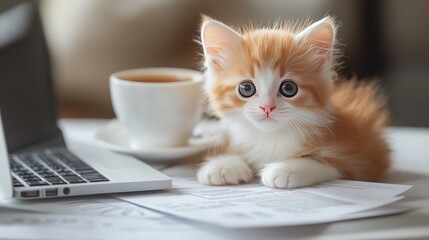 Poster - A fresh and professional desk with a laptop, financial documents, and a cup of coffee, perfect for investment planning, with space for copy.