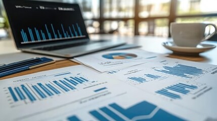 Poster - A fresh and professional desk with a laptop, financial documents, and a cup of coffee, perfect for investment planning, with space for copy.