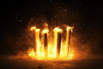 Poster - Cricket ball striking illuminated stumps in a dramatic action moment