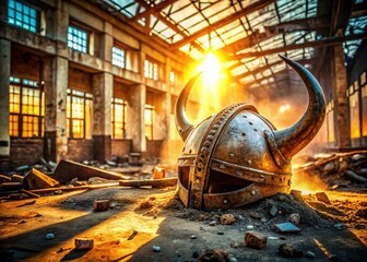 Wall Mural - Abandoned Urban Viking Helmet Discovery: Grungy Industrial Decay