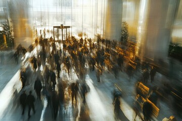 Poster - Crowded office lobby captured with a long exposure effect, emphasizing the fast-paced nature of modern corporate environments