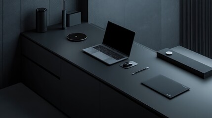 Poster - A minimalist office desk featuring a laptop, wireless mouse, and tablet, leaving room for tech branding and messages.