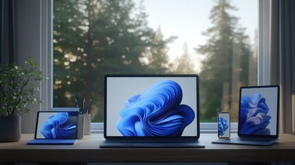 Poster - A modern home office setup with a laptop, smartphone, and tablet, providing ample space for hybrid work-related branding.
