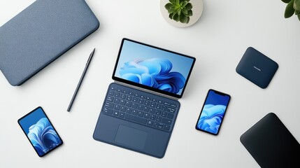 Poster - A modern home office setup with a laptop, smartphone, and tablet, providing ample space for hybrid work-related branding.