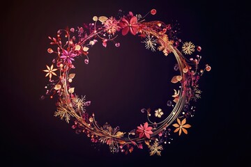 Poster - Decorative Christmas-themed elements forming a circular frame on a dark backdrop for a holiday wreath design