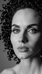Poster - A crisp black-and-white portrait that accentuates the texture of her hair and the clarity of her eyes, with only a subtle hint of blue visible in the iris.