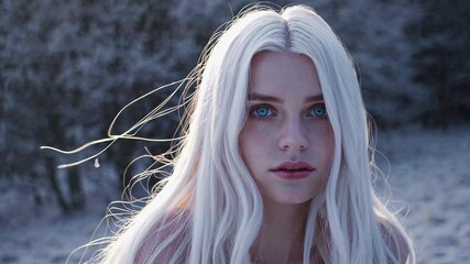 Aufkleber - A softly focused, fairy-tale-inspired shot of the young woman in a lightly frosted setting, her white hair blending with a pale environment as her brilliant blue eyes anchor the image.
