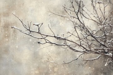 Poster - Delicate snow-covered branches in a winter landscape with soft muted tones and bokeh