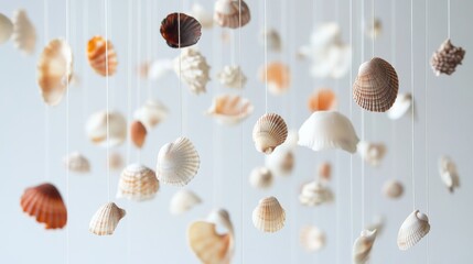 Wall Mural - 76.A mobile made from a variety of seashells, hanging delicately from a thin string in a serene setting. The shells are arranged in a random yet harmonious way, each with a unique shape, color, and