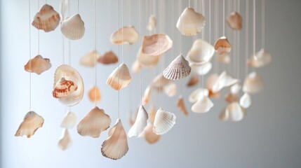 Wall Mural - 76.A mobile made from a variety of seashells, hanging delicately from a thin string in a serene setting. The shells are arranged in a random yet harmonious way, each with a unique shape, color, and