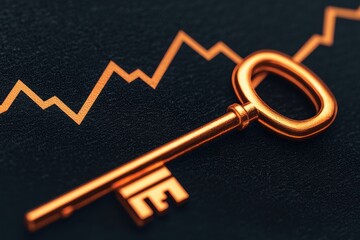 Poster - A close-up of a golden key on a dark background with an upward trend line, symbolizing financial growth and unlocking potential.