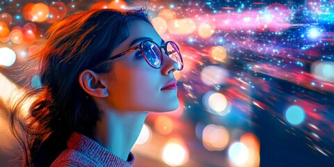 Poster - A thoughtful young woman gazes into a colorful world of light and imagination. She wears stylish glasses. This image captures creativity and inspiration in a modern style. AI