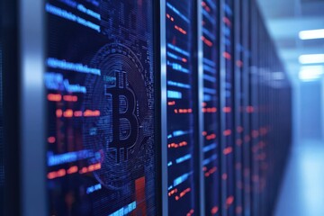 Poster - A close-up view of a digital server rack displaying a Bitcoin symbol and vibrant, illuminated data readouts in a high-tech environment.