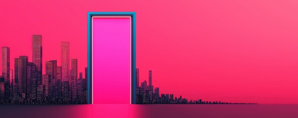 Poster - A vibrant pink door stands against a futuristic city skyline, creating a striking contrast with the colorful sky.