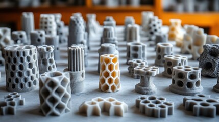 Poster - A diverse array of intricate 3D-printed structures displayed on a table in a workshop setting