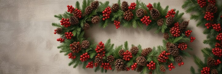 Wall Mural - Rustic Christmas wreath made with pinecones and red berries , christmas wreath, , evergreen