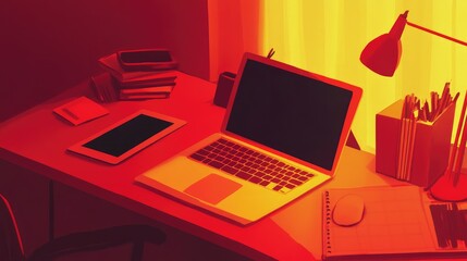 Aufkleber - A workspace featuring a laptop, tablet, and wireless mouse on a desk, offering space for office technology messages.
