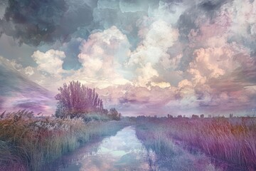 Poster - Fantasy landscape with soft purple clouds in a whimsical sky, evoking a magical and aesthetic atmosphere for abstract creativity