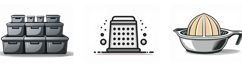Poster - Set of kitchen utensil icons: storage boxes, grater, citrus juicer.  These icons represent organization, preparation, and culinary tools.