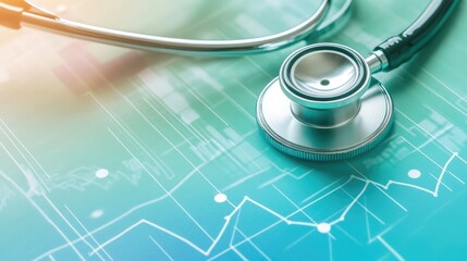 Poster - Close-up of a stethoscope resting on a patient chart, clinical background with copy space for medical themes.
