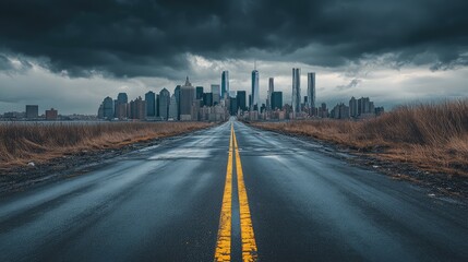 Poster - Deserted highway leading to a city skyline with a gloomy atmosphere, financial downturn, recession metaphor, economic uncertainty background.