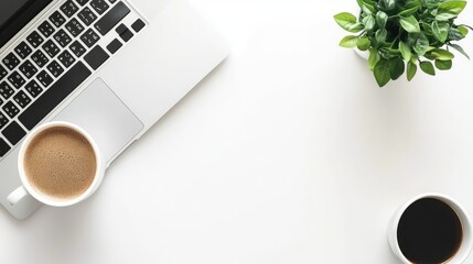 Aufkleber - Empty desk with a laptop, plant, and coffee cup, leaving a large area of clean space for copy and office branding.