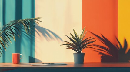 Aufkleber - Empty desk with a laptop, plant, and coffee cup, leaving a large area of clean space for copy and office branding.